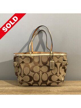 Coach Signature C Brown/Tan/Gold Trim Purse Tote Bag